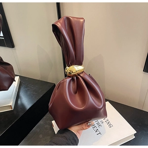 Chic burgundy PU leather handbag with ruched handle and golden ring detail