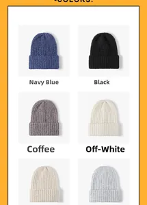 Detailed grid view showcasing various winter knit beanies in navy, black, and beige colors