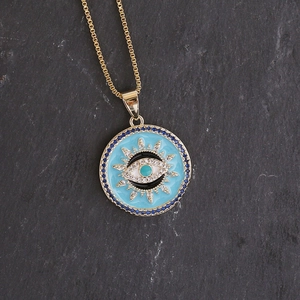 18K gold plated evil eye necklace with blue enamel pendant and sparkling zircons