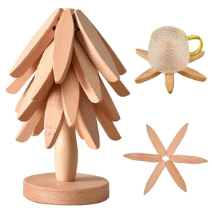 Pine tree shaped wooden coaster set made of natural black walnut wood with storage rack