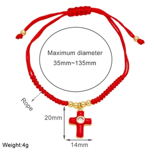 Detailed size specifications of handmade red string bracelet with gold cross pendant