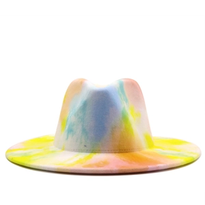 Detailed close-up of vibrant tie-dye pattern on wool felt jazz fedora with wide brim