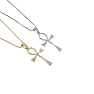 Ankh Cross Pendant Necklace Copper Cubic Zirconia Pave Egyptian Religious Box Chain Hip Hop Jewelry For Women