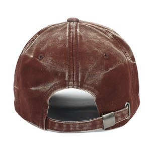 Vintage washed dark brown baseball cap featuring distressed cotton fabric and metal buckle