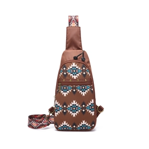 Detail view of Aztec bohemian crossbody bag featuring geometric patterns and metal rivets