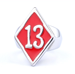 Detailed view of punk style 13 lucky number ring with red enamel and dragon claw design