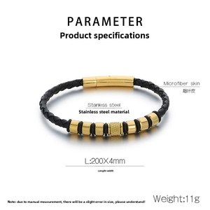 Detailed spec view of black braided leather bracelet with gold stainless steel magnetic clasp