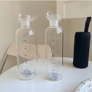 Detailed view of transparent water bottle featuring black hourly time markers for tracking