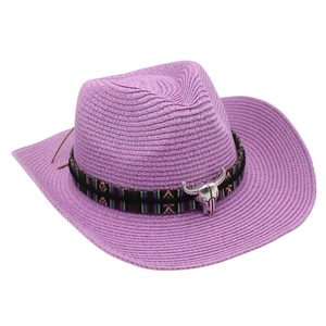 Detail of purple straw cowboy hat featuring ethnic band and silver bull skull ornament