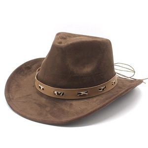 Close-up of brown suede cowboy hat with leopard print band and decorative drawstring