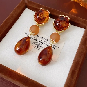 Vintage Amber Resin Dangle Earrings With Silver Earring Post Alloy Flower Water Drop Long Drop Style For Women