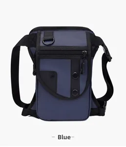 Detail of blue outdoor tactical thigh bag with metal D-ring and durable plastic buckle