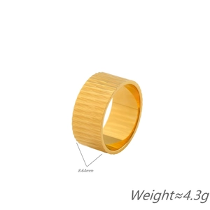 Minimalist golden wide textured ring with 8.64mm width and vertical stripe design