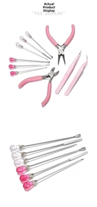 Pink jewelry DIY tool set featuring needle nose pliers and crystal bead stirring needles