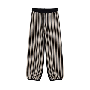 Women Polyester Knit Stripe Crew Neck Button Top And Long Pants Lounge Casual Streetwear