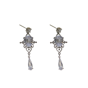 Elegant silver teardrop zircon earrings with vintage filigree and shimmering crystals