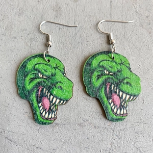 Quirky green dinosaur printed wooden dangle earrings with silver hooks for women