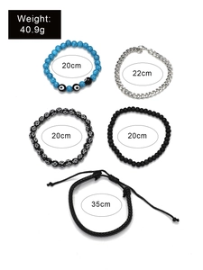 Detailed set of 5 mixed-material bracelets with turquoise and evil eye beads