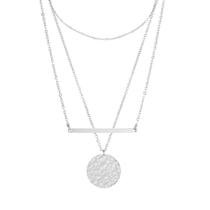 Three-layer silver stainless steel necklace with bar and hammered round pendants