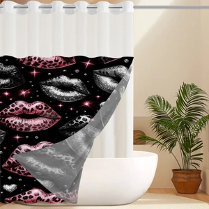 Detail of waffle weave shower curtain with pink leopard lips on black waterproof fabric