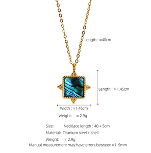Detailed macro view showing the square abalone shell pendant with 18K gold plated finish