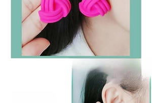 Macro shot of matte pink braided knot earring and stylish model wearing it on ear