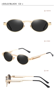 Three-angle view of gold metal steampunk sunglasses with black lenses and spring hinges