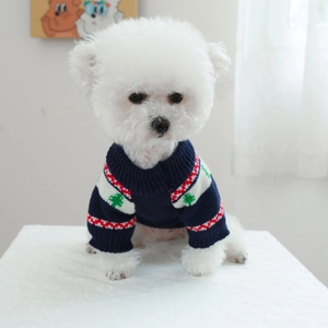 Navy blue and red knitted pet sweater with forest bear design for small dogs and cats