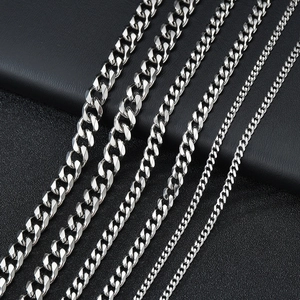Silver stainless steel Cuban link necklaces in five widths on a textured black surface