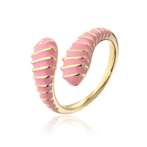 Detail of pink enamel drip pattern on an 18K gold-plated adjustable geometric ring