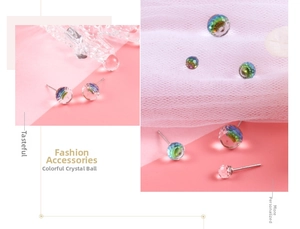 Detail of multi-faceted rainbow crystal ball earrings with silver metallic stud posts