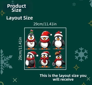 Size chart for 6-piece Christmas penguin wall stickers measuring 29x29cm for kids rooms