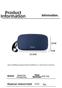 Detail view of durable navy blue Oxford fabric digital organizer bag with carrying strap