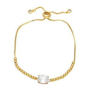 Detailed view of adjustable gold bead bracelet featuring an oval clear zircon stone
