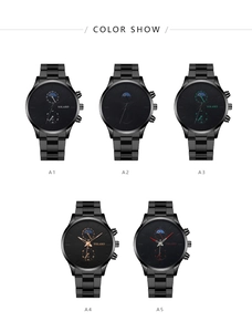 Multiple styles of men's quartz watches with black metal bands and moon phase dials