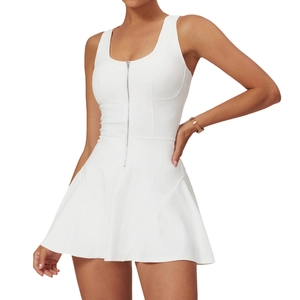 White sleeveless athletic dress with front zipper and A-line skirt for tennis