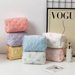 Quilted Gingham Makeup Bag Large Capacity Polyester Portable Bow Pattern Sweet Fresh Style Organizer For Women Student