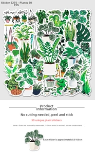 50pcs waterproof green plant vinyl stickers featuring monstera and cactus for planners