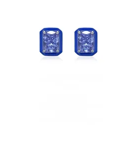Close-up of S925 silver stud earrings with blue radiant cut stones and enamel details