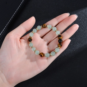 Minimalist 8mm Green Aventurine and Tiger Eye beaded stretch bracelet with gold accents
