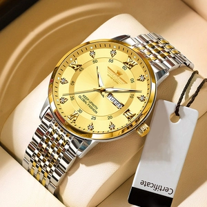 Men's luminous waterproof steel watch with gold dial and calendar display in luxury box