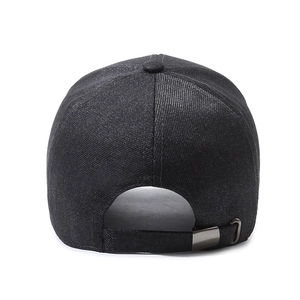 Rear view of a dark grey denim baseball cap with an adjustable metal strap buckle