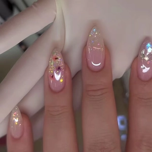 Press On Nails Mandelform Rosa Verlauf Pfirsichblüte Florales Design Glänzend Feiner Glitzer Künstliche Falsche Nägel Für Frauen