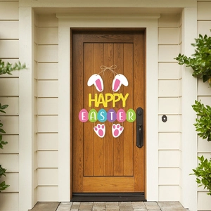 Easter bunny door hanging decoration with colorful Happy Easter eggs for festive porch decor