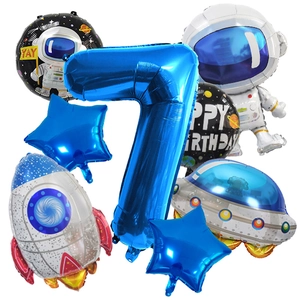 Detailed set of space theme foil balloons including blue number 7 and astronaut shapes