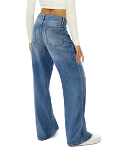 Detail view of high-waisted blue wide-leg denim jeans with back pockets and wash effect