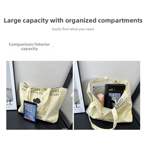 Detail view of large canvas tote bag showing interior capacity and multi-compartment design