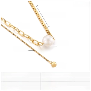 Detail view of double-layer titanium necklace with white shell pearl and gold bead accents