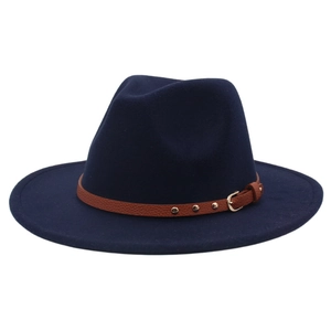 Detail of dark blue wool felt fedora with brown faux leather belt and gold studs