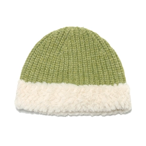 Winter plush patchwork knit bucket hat in green and white fleece for warmth